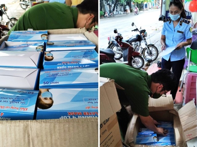 Đoàn kiểm tra liên ngành kiểm tra số khẩu trang y tế có dấu hiệu vi phạm. Ảnh: Cục QLTT tỉnh Tuyên Quang