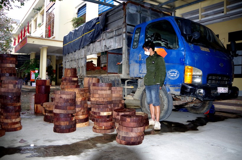 Lái xe Lương Xuân Hải và phương tiện cùng số gỗ bị bắt giữ. Ảnh: Công an tỉnh Hà Giang