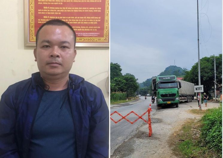 Lương Văn Duy cùng chiếc xe quá tải trọng 91,6%. Ảnh: Công an Hà Giang.