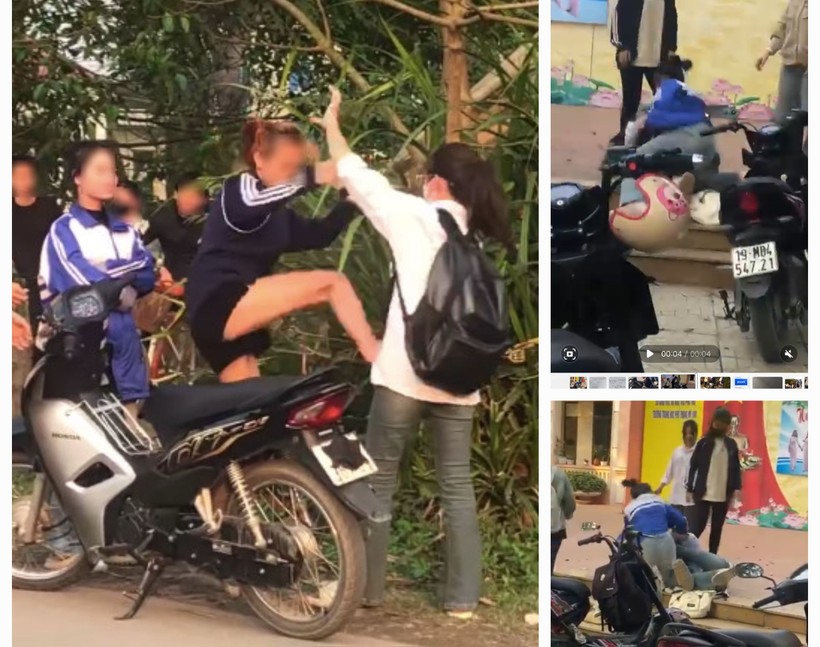 Ảnh chụp màn hình các video ghi lại cảnh nữ học sinh đánh nhau trong và ngoài nhà trường.