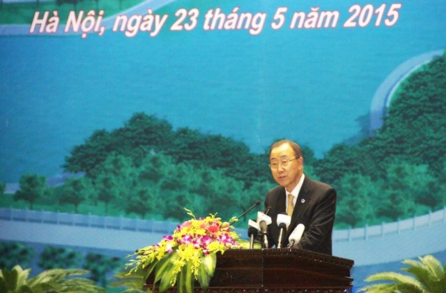 Tổng thư ký LHQ Ban Ki-moon phát biểu tại hội nghị đánh giá kết quả một năm Việt Nam tham gia hoạt động GGHB LHQ.