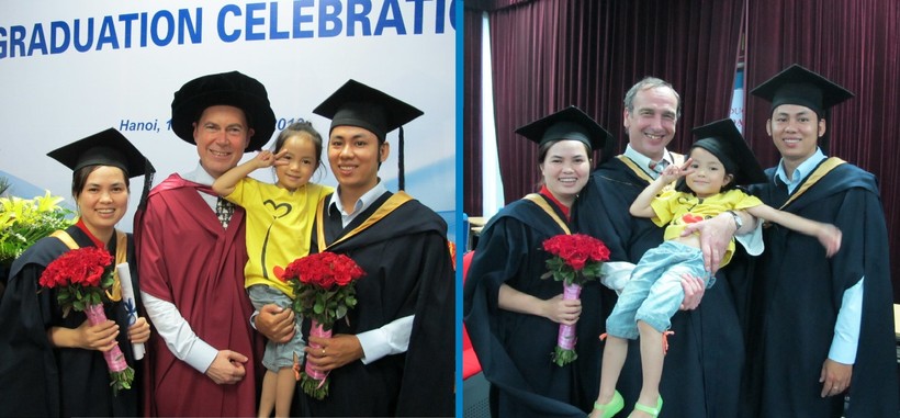Vợ chồng anh chị Nguyễn Hữu Bích – Nguyễn Thị Mai Hoa và con gái lớn  chụp cùng các giảng viên Đại học Victoria (Australia) trong ngày tốt nghiệp
