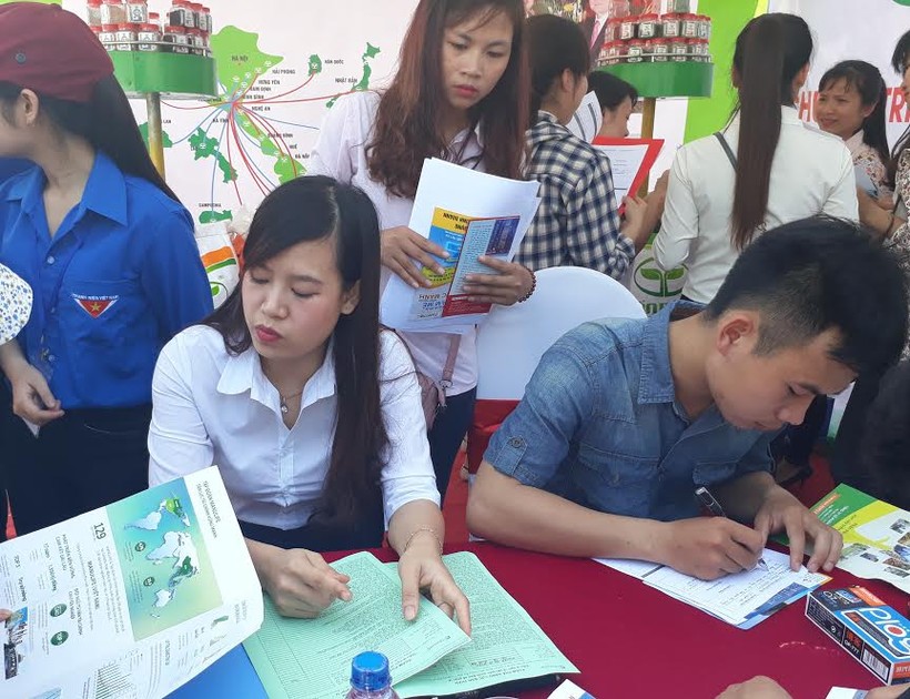 Các sinh viên được tư vấn và tuyển dụng tại chỗ tại các gian hàng của doanh nghiệp. Ảnh: Nguyễn Quỳnh