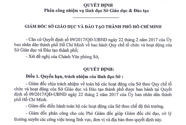 TP Hồ Chí Minh phân công nhiệm vụ lãnh đạo Sở GD&ĐT