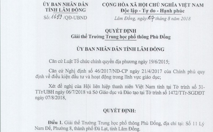 Lâm Đồng giải thể 1 trường THPT
