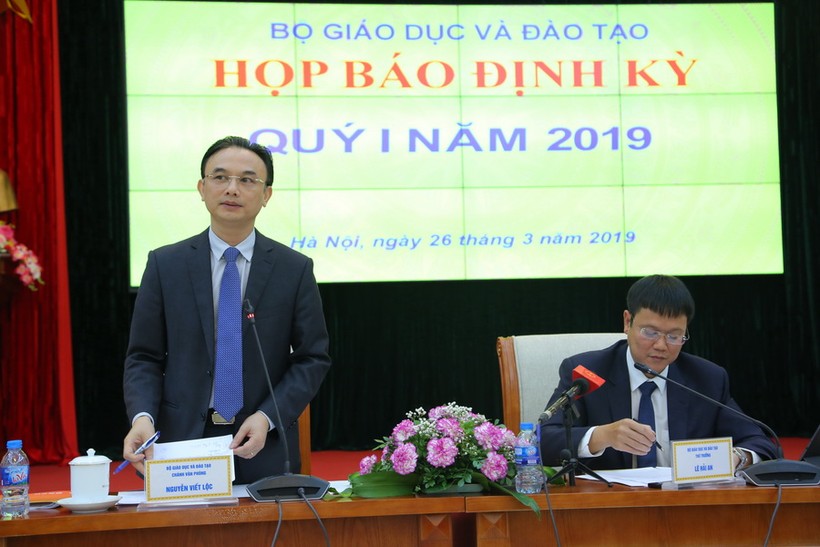 Bộ GDĐT họp báo định kỳ quý I năm 2019 dưới dự chủ trì của Thứ trưởng Lê Hải An và Chánh Văn phòng Nguyễn Viết Lộc