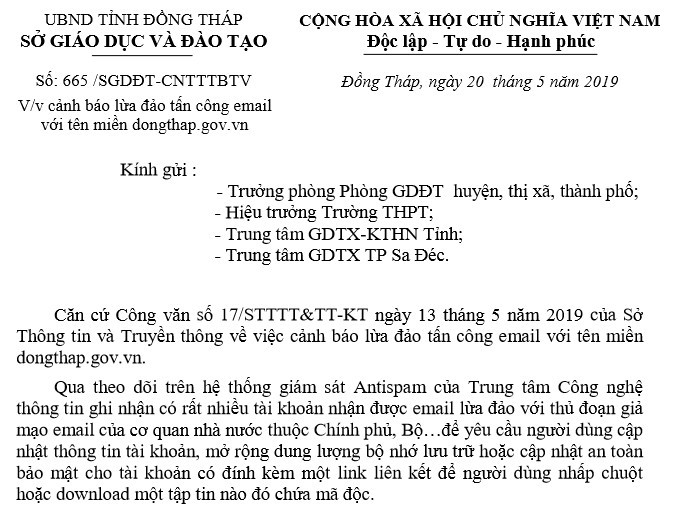 Cảnh báo nhà trường về hành vi lừa đảo tấn công email tên miền dongthap.gov.vn.