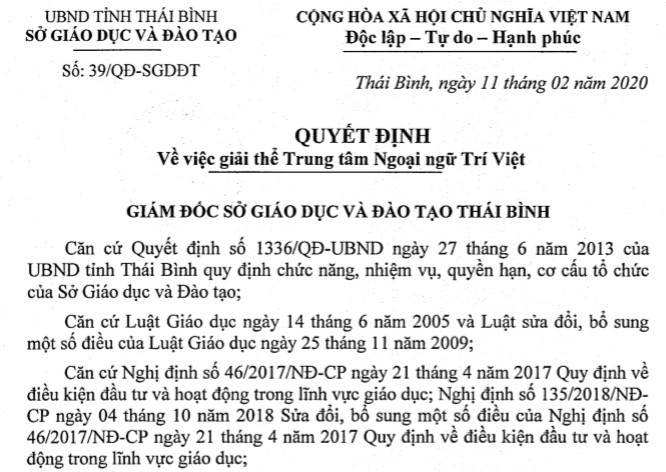 Thái Bình giải thể Trung tâm Ngoại ngữ Trí Việt