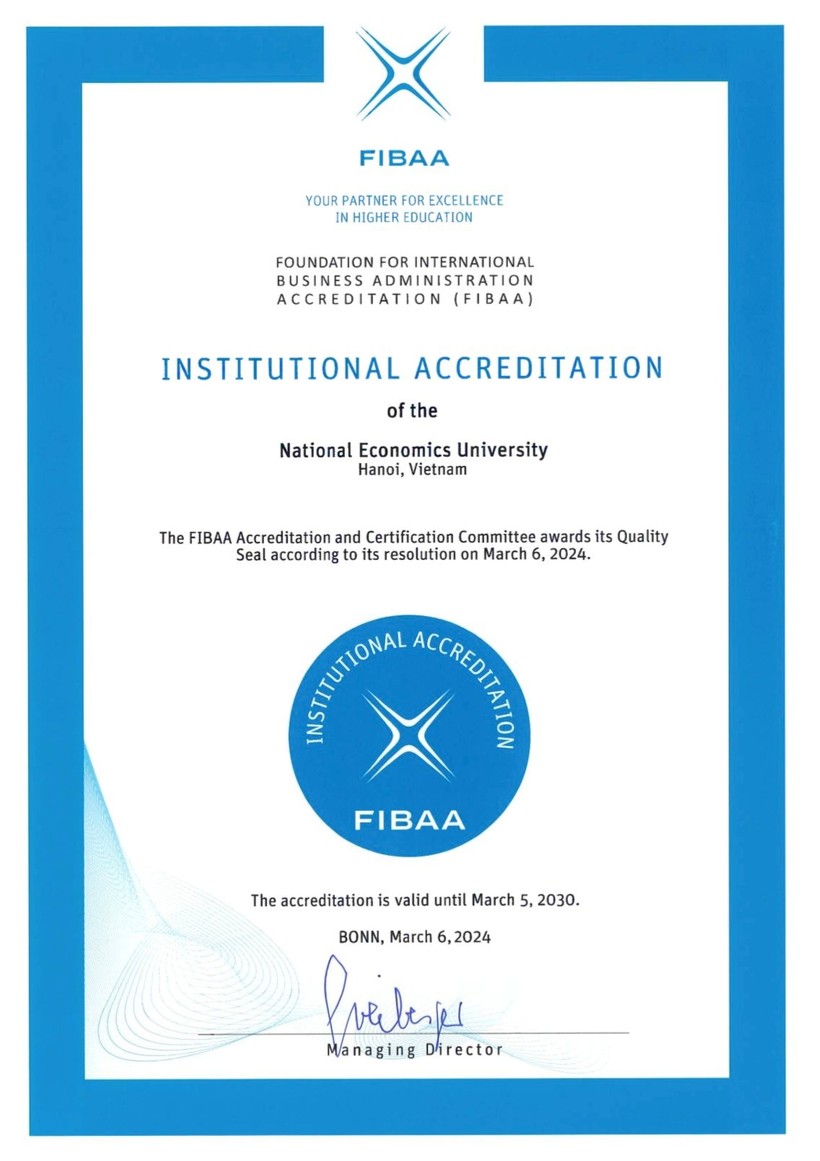 FIBAA cấp chứng nhận đạt chuẩn chất lượng cơ sở giáo dục cho Trường ĐH Kinh tế Quốc dân.
