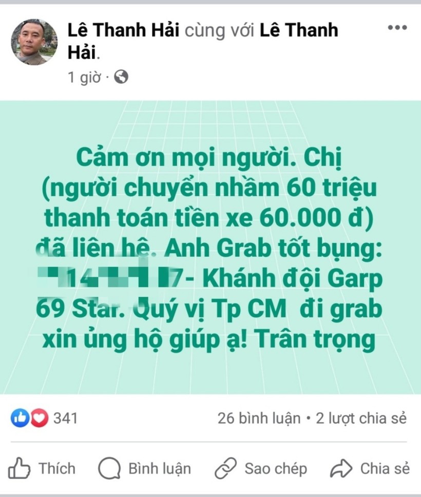 Anh Lê Thanh Hải đăng lên mạng thông báo đã tìm được người chuyển tiền nhầm.