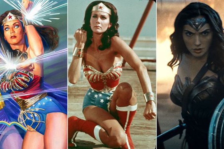 Wonder Woman trong truyện tranh (trái), do Lynda Carter thủ vai (giữa) và mới nhất là Gal Gadot.