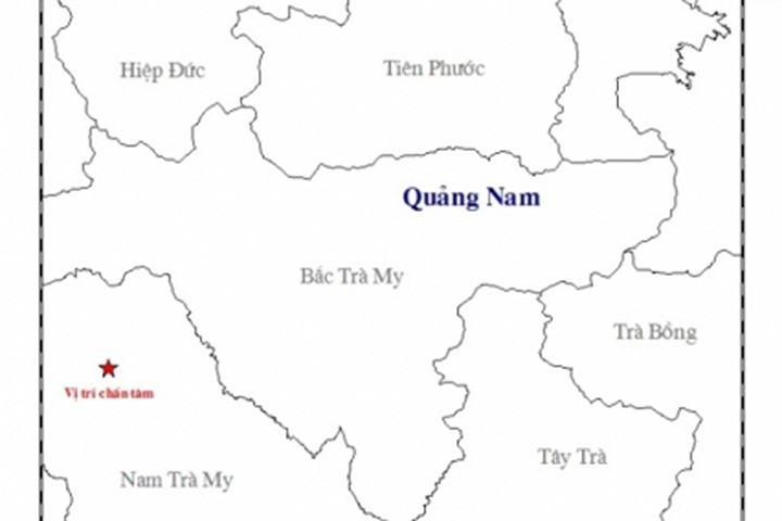 Vị trí chấn tâm trận động đất sáng 1/3 tại huyện Nam Trà My. Ảnh: Viện Vật lý địa cầu