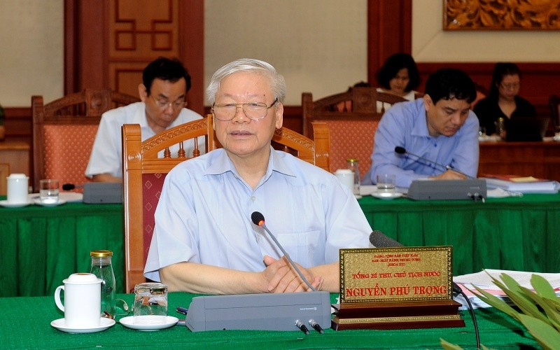 Tổng Bí thư, Chủ tịch nước Nguyễn Phú Trọng phát biểu tại cuộc làm việc với Ban Thường vụ Thành ủy Thành phố Hồ Chí Minh. 