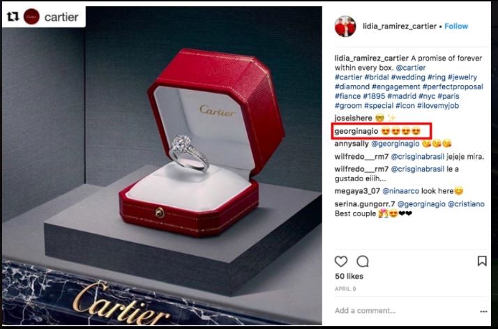 Georgina khoe trên trang cá chiếc nhẫn 615.000 bảng mà Ronaldo vừa mua tặng. 