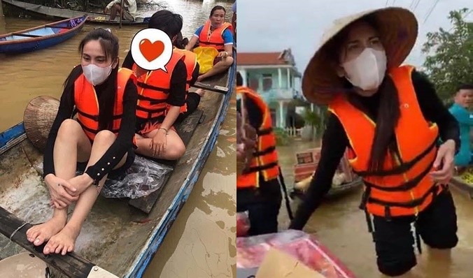 Ca sĩ Thủy Tiên làm từ thiện, giúp đỡ bà con chống chọi với mưa lũ..