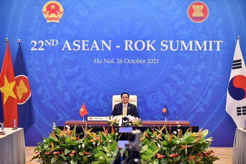 Thủ tướng Chính phủ Phạm Minh Chính tham dự Hội nghị Cấp cao trực tuyến ASEAN-Hàn Quốc lần thứ 22. Ảnh: VGP/Nhật Bắc.