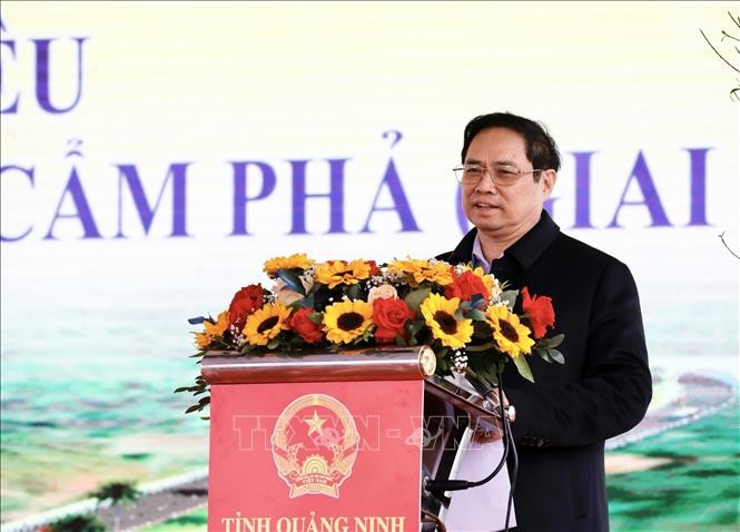 Thủ tướng Phạm Minh Chính phát biểu tại Lễ khánh thành cầu Cửa Lục 1. Ảnh: Dương Giang/TTXVN.