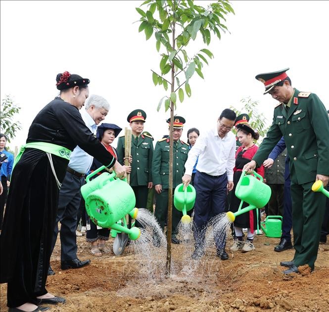 Chủ tịch nước Võ Văn Thưởng và các đại biểu tham gia trồng cây tại Lễ phát động Tết trồng cây “Đời đời nhớ ơn Bác Hồ” Xuân Giáp Thìn 2024. (Ảnh: Dương Giang/TTXVN)