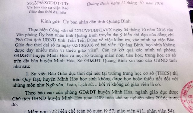 Báo cáo kiểm tra sự việc báo nêu của Sở GD&ĐT tỉnh Quảng Bình gửi UBND tỉnh.