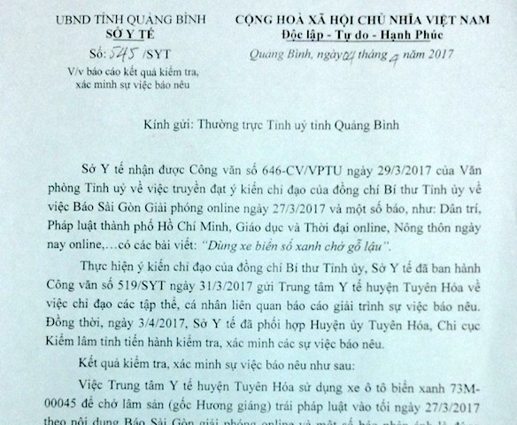 Văn bản số 545/SYT của Sở Y tế tỉnh Quảng Bình gửi Thường trực Tỉnh uỷ Quảng Bình báo cáo về việc xác minh thông tin lãnh đạo Trung tâm Y tế huyện Tuyên Hoá dùng xe công vụ vận chuyển gỗ lậu