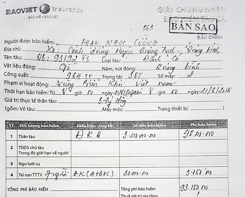 Một phần giấy chứng nhận bảo hiểm tàu cá mang tên ông Phạm Ngọc Cường, chủ tàu cá mang số hiệu QB 93192. 