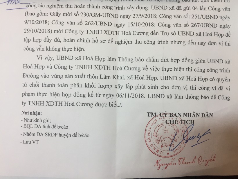 Thông báo của UBND xã Hoá Hợp về việc đơn phương chấm dứt hợp đồng đối với Công ty TNHH XDTH Hoà Cương kể từ ngày 6/11/2018.