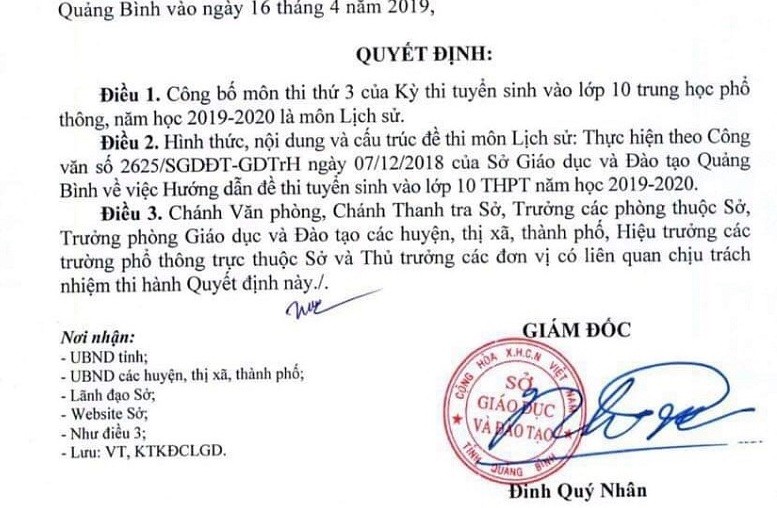 Quyết định của lãnh đạo sở GD&ĐT tỉnh Quảng Bình về việc đưa môn Lịch sử thành môn thi thứ 3 vào kỳ thi tuyển sinh lớp 10 năm học 2019 - 2020 của tỉnh Quảng Bình