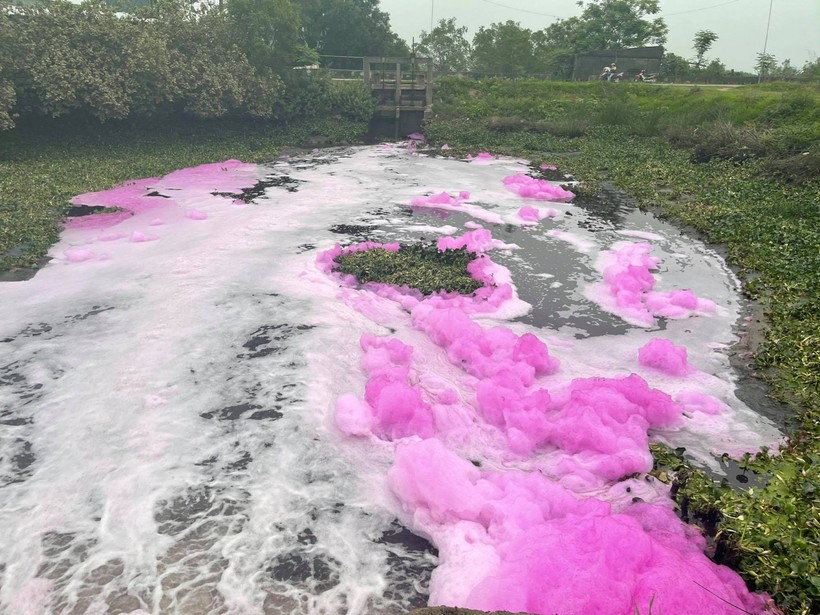 Hà Tĩnh: Kinh hãi nước thải nổi bọt hồng "ùn ùn" đổ ra sông