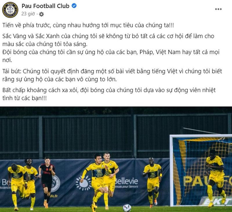 Pau FC đã dành hẳn một bài đăng bằng tiếng Việt để lấy lòng các cổ động viên Việt Nam.