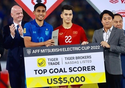 Tiến Linh cùng tiền đạo Teerasil Dangda nhận giải Vua phá lưới AFF Cup 2022.