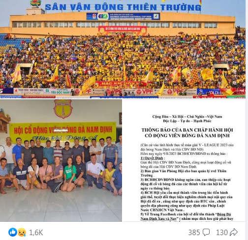 Trang Fanpage Nam Dinh Football Club phát đi thông báo giải thể Hội Cổ động viên bóng đá Nam Định.