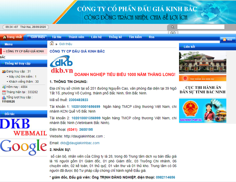 Trang Web của Công ty đấu giá hợp danh Kinh Bắc. Ảnh: daugiakinhbac.com