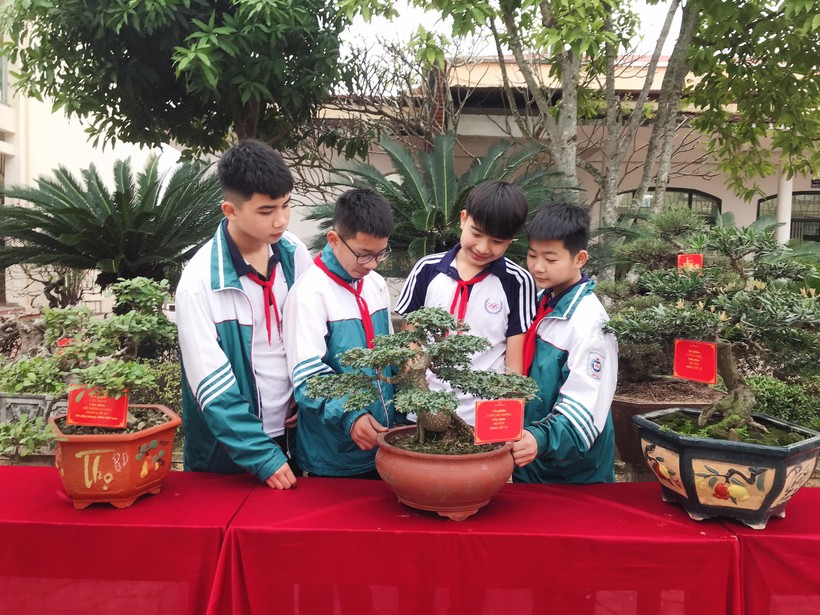 Các em học sinh Trường THCS Điền Xá hào hứng trải nghiệm với các sản phẩm hoa cây cảnh của địa phương.