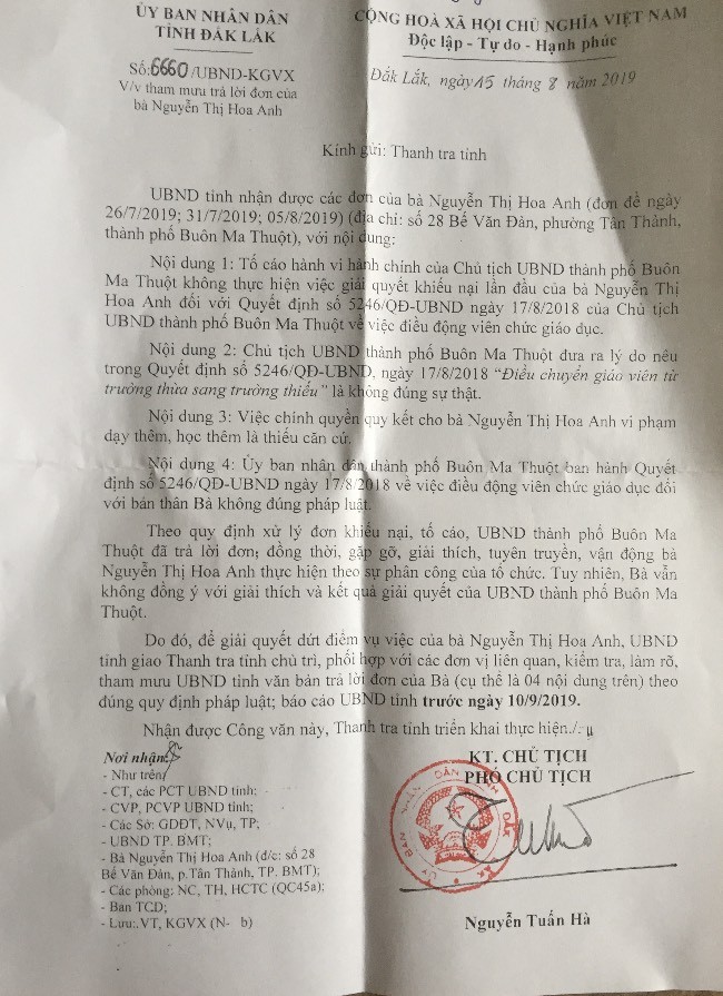 Công văn chỉ đạo giải quyết dứt điểm vụ giáo viên Nguyễn Thị Hoa Anh khiếu nại 