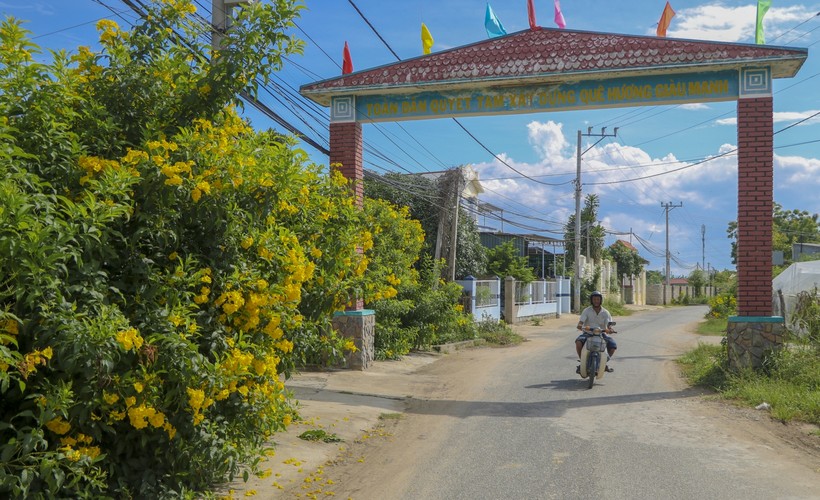 Ngay từ đầu cổng dẫn vào thôn Trường Thọ, xã Phước Thuận những sắc hoa rực rỡ đã tạo cảnh quan sạch, đẹp. (Ảnh: Duy Quan).