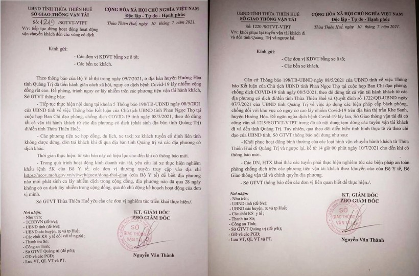 Cả 2 văn bản này đều do ông Nguyễn Văn Thành - Phó giám đốc Sở GTVT tỉnh Thừa Thiên Huế ký cùng trong ngày 10/7
