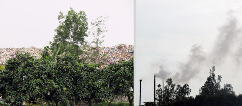Bãi rác xã Đông Thắng và khói từ các lò đốt rác bốc lên nghi ngút cả ngày