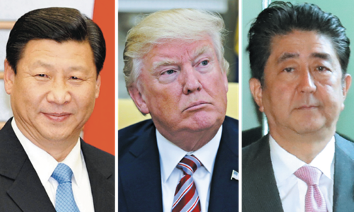 Chủ tịch Trung Quốc Tập Cận Bình, Tổng thống Mỹ Donald Trump và Thủ tướng Nhật Bản Shinzo Abe


