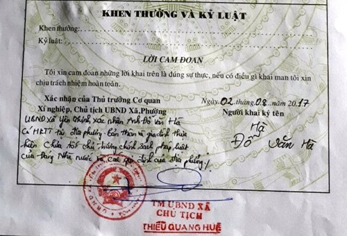 Bút phê của Chủ tịch UBND xã Yên Thịnh (huyện Yên Định, Thanh Hóa) trong sơ yếu lý lịch của em Đỗ Văn Hà.