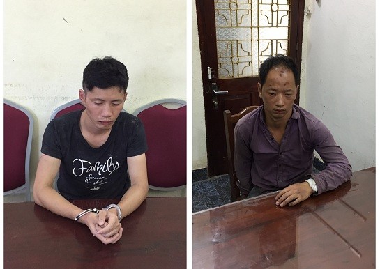 Hai đối tượng Đinh Ninh Sơn và Đinh Thiếu Kiệt tại cơ quan điều tra, ảnh: QTV

