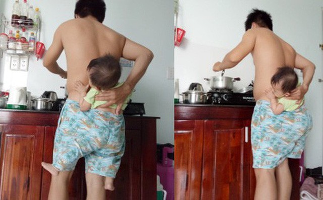 Ông bố trẻ “địu con trong quần” để rảnh tay nấu ăn trong lúc vợ bệnh khiến chị em cười ngất