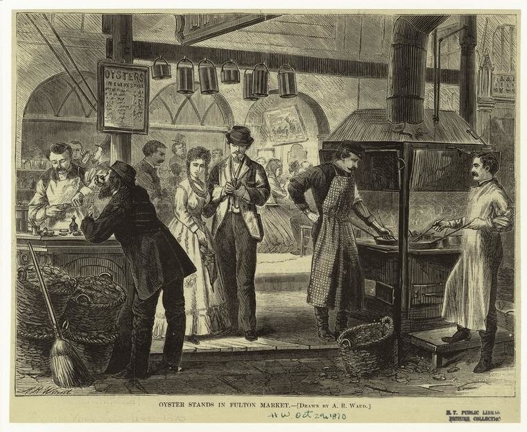 Một bức tranh minh họa của Alfred R. Waud về những quầy hàng bán hàu ở chợ Fulton năm 1870. Ảnh: Thư viện công New York