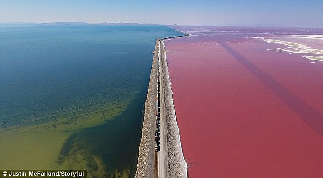 Toàn cảnh hồ nước chuyển sang màu hồng rực rỡ ở Mỹ