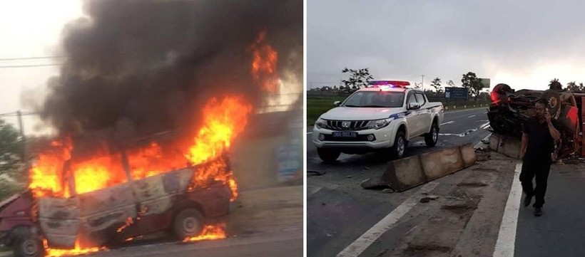 Hà Tĩnh: Xe khách đâm vào dải phân cách rồi bốc cháy, 2 vợ chồng nguy kịch