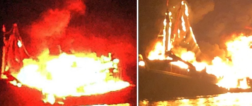 Tàu cá chở 10.000 lít dầu cháy rụi trong đêm trên biển Phú Quốc