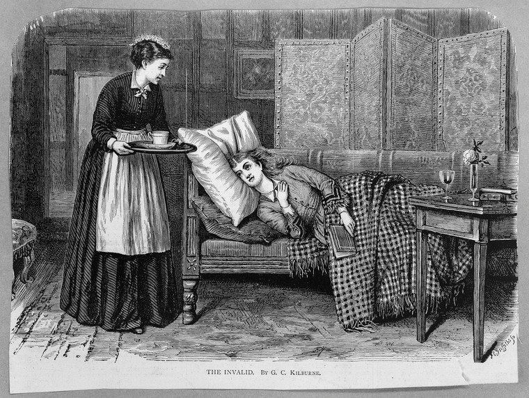 Bức vẽ mô tả một phụ nữ đang nằm trên giường nghỉ xả stress trong lúc một nữ y tá mang đồ ăn cho bà. Ảnh: Welcome Imgaes