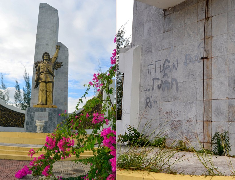 Tượng đài Chiến thắng Bồ Bồ được trùng tu khá đẹp nhưng bị một số người thiếu ý thức viết bậy ở mặt sau tượng đài (Ảnh chụp ngày 4/11)