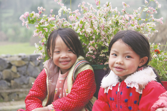 Trẻ em ở huyện Đồng Văn bán những bó hoa tam giác mạch bên đường
