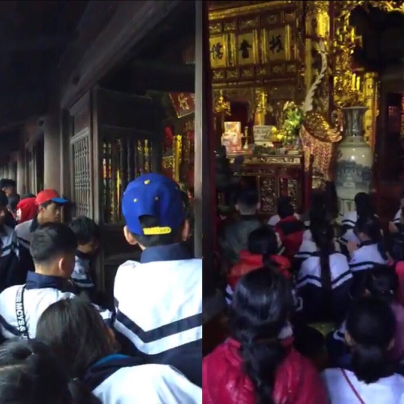 Trường THCS Quỳnh Sơn trong chuyến đi ngày 9/12 tại đền thờ Chu Văn An (Ảnh cắt từ clip do Facebook Lang Huan Chu đăng tải)