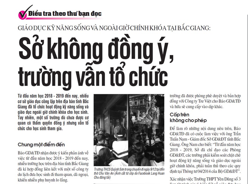 Bài viết “Giáo dục kỹ năng sống và ngoài giờ chính khóa tại Bắc Giang: Sở không đồng ý, trường vẫn tổ chức” đăng trên Báo GD&TĐ số 303 (ra ngày 19/12)